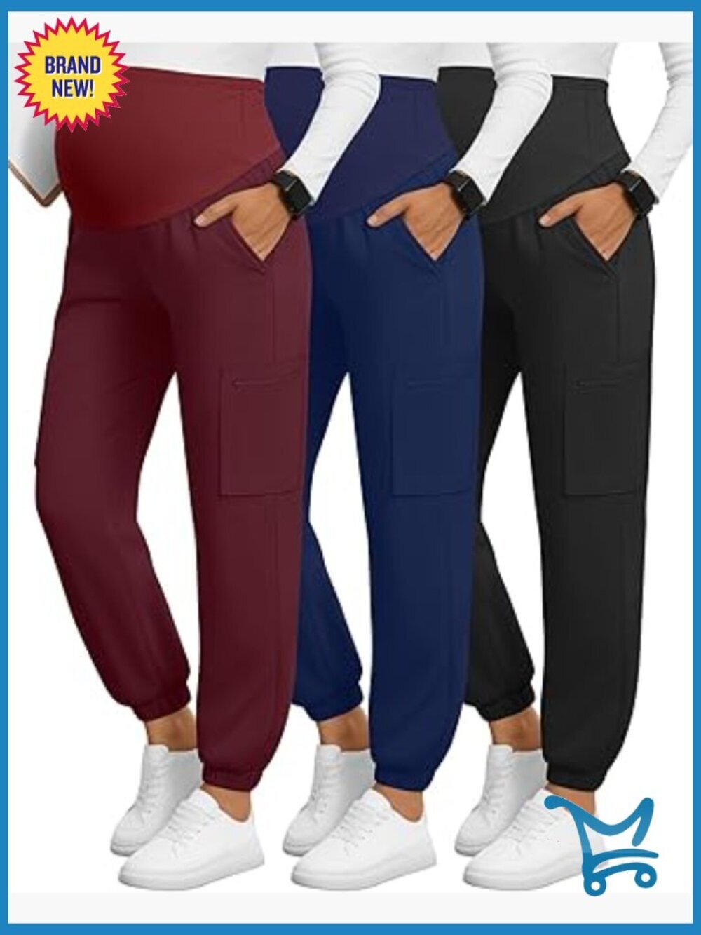 Maternity Scrub Pants 3-Pack Jogger Workwear Pregnancy Yoga Joggers with